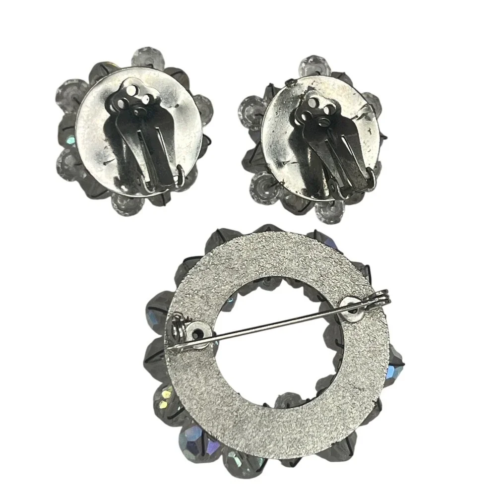 Aurora Borealis Crystal Brooch/Clip Earrings Set 1950s Sparkling Cluster Jewelry